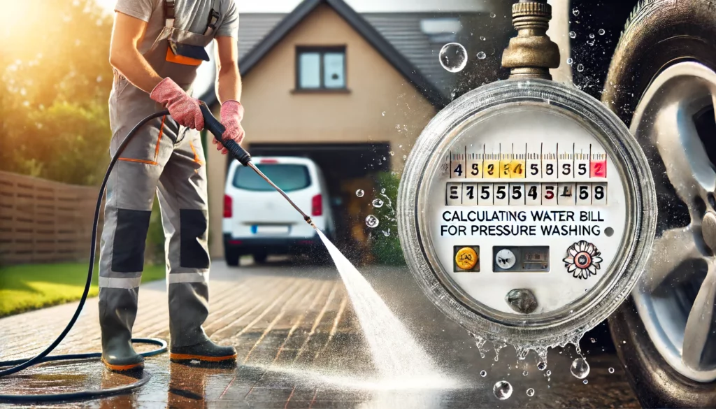 A person pressure washing a driveway with a high-pressure washer, showing water spray and clean results. In the background, a water meter reading is visible to emphasize the water usage. Text overlay reads 'Calculating Water Bill for Pressure Washing'. The setting is a suburban home with a clean, well-kept driveway. The person is wearing safety gear including goggles and gloves, focused on the task.