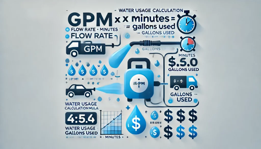 A diagram that shows how GPM of a pressure washer, Duration of pressure washing, and Cost per Gallon effects the water bill while pressure washing.