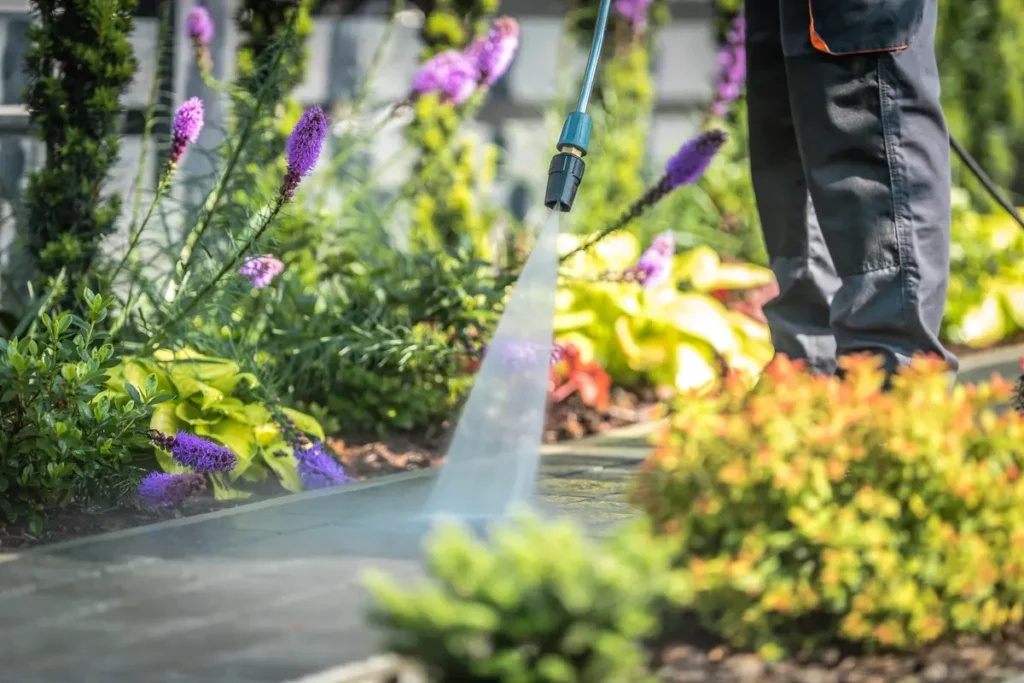 Pressure washing garden cobble stone paths