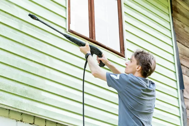 A man pressure washing house facade