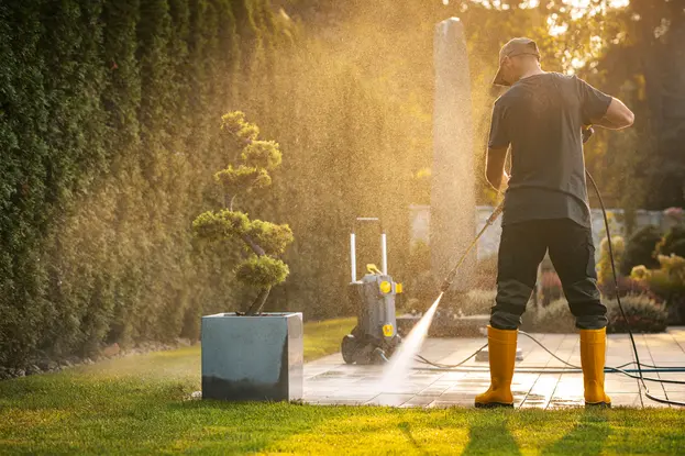 professional cleaner power washing garden patio