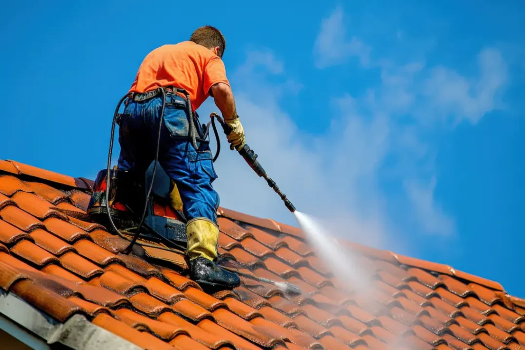 A man cleaning roof gently to reduce the risk of tiles damage