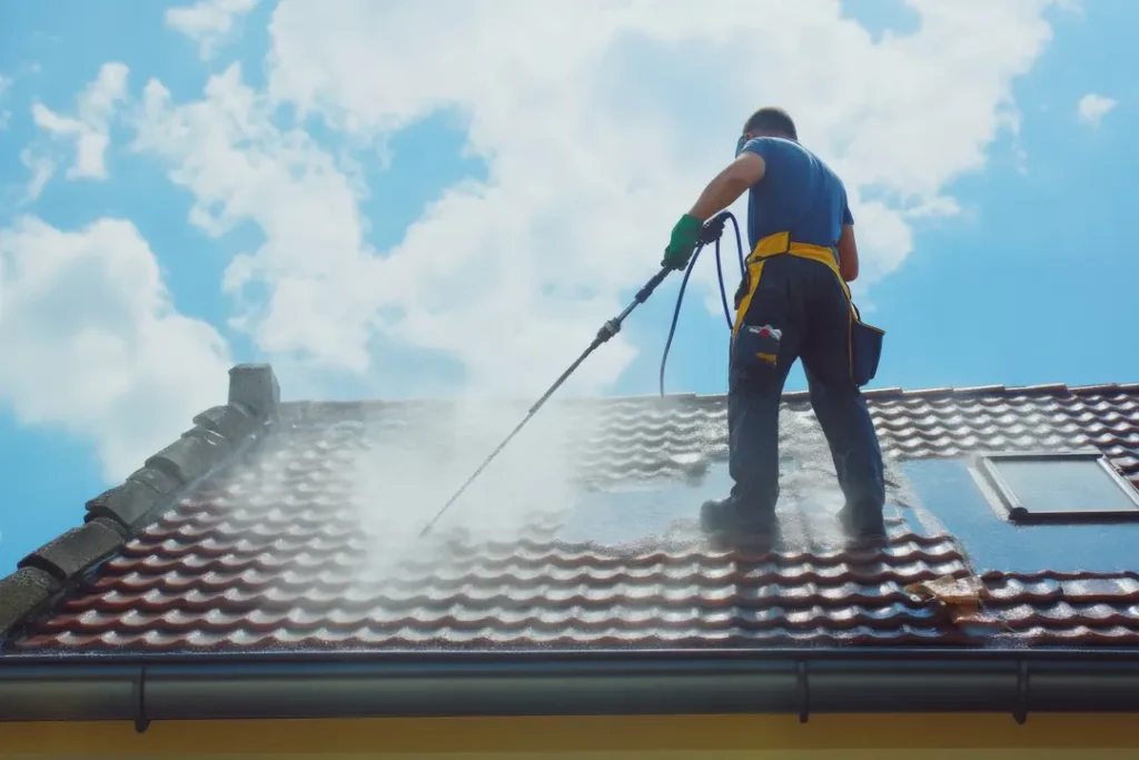 A man cleaning roof with pressure washing