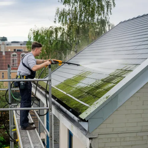 A professional worker cleaning roof through pressure cleaning