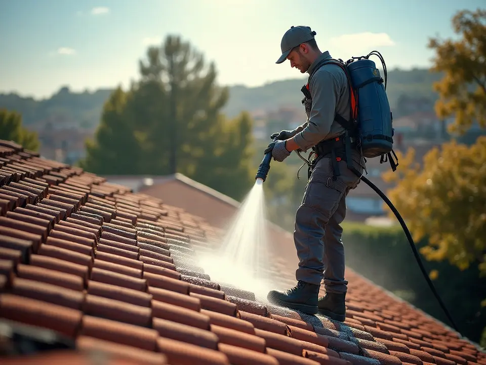 A worker cleaning roof of a diamond bar house