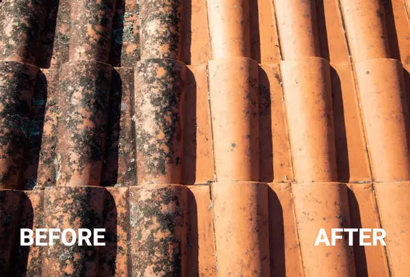 Before and after image of a residential house roof