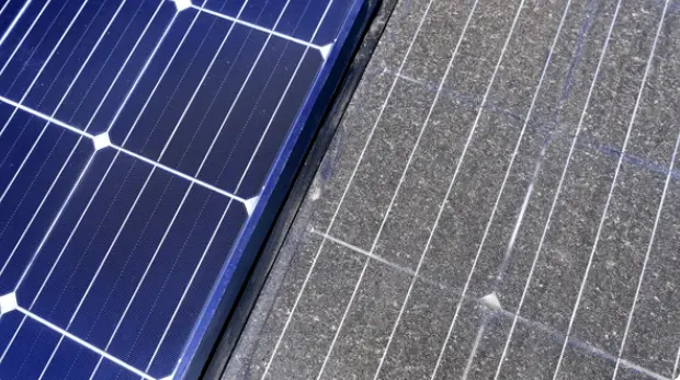 Before and after image of solar panel cleaning