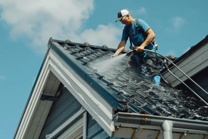 Cleaning roof and applying sealant to block UV damage