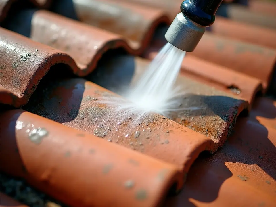 Cleaning roof dirty tiles with pressure washing tool