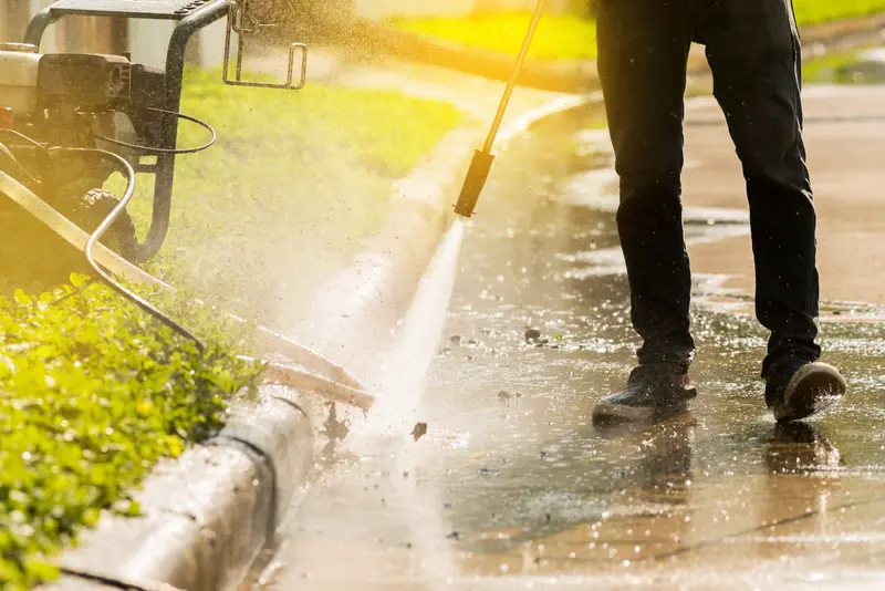 Cleaning sidewalk by pressure washing