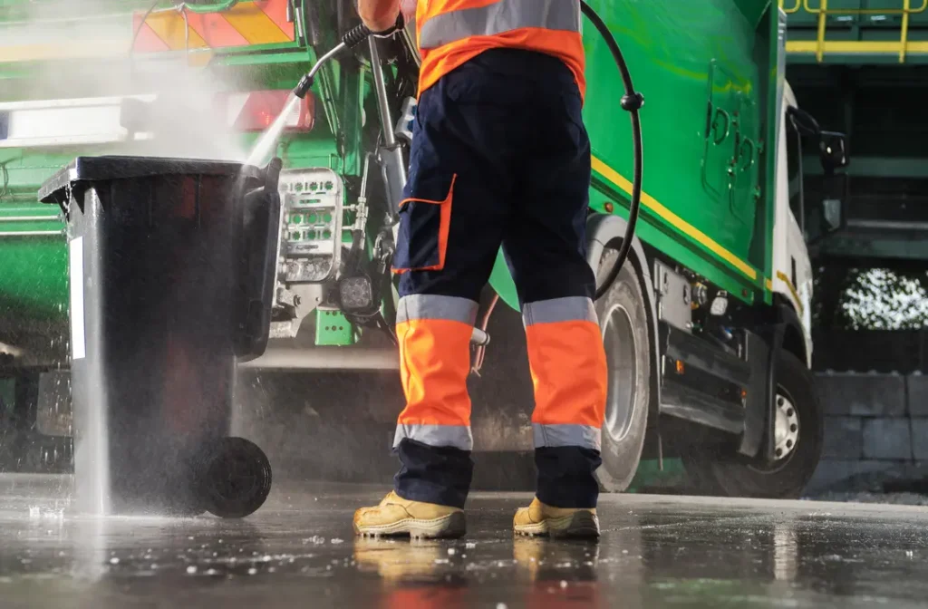 Man cleaning a garbage can with pressure washing