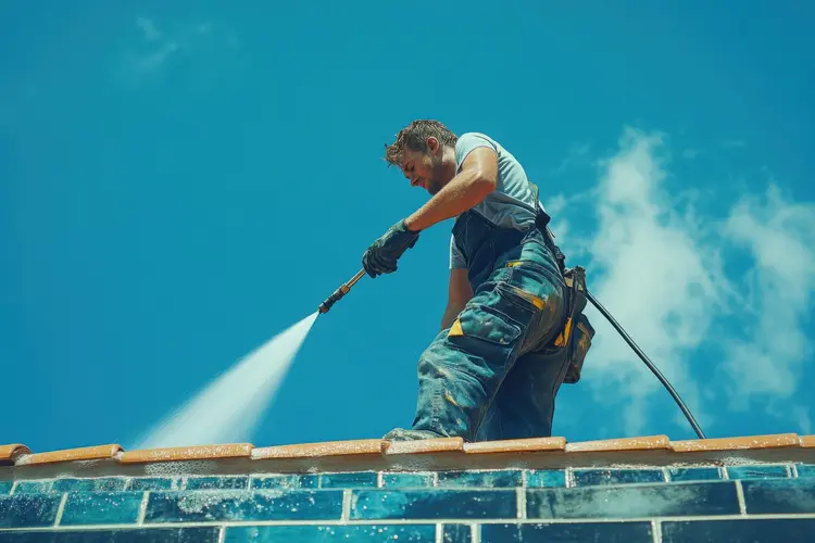 Man cleaning roof molded tiles