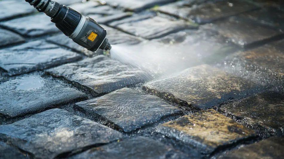 Pressure washing sidewalks bricks of a los angeles city
