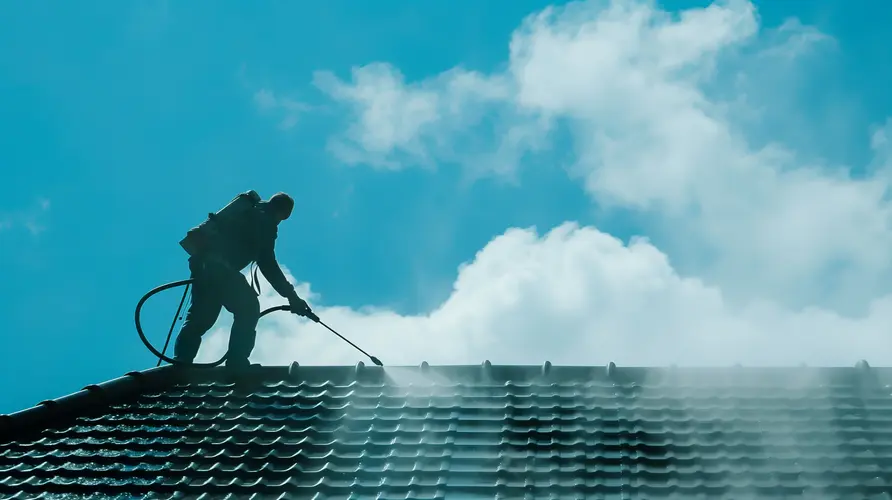 Worker cleaning roof moss, algae with pressure washing tool