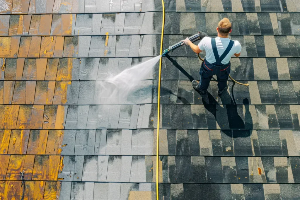 Worker cleaning roof with pressure washing