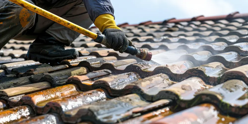 Worker gentlly cleaning roof tiles
