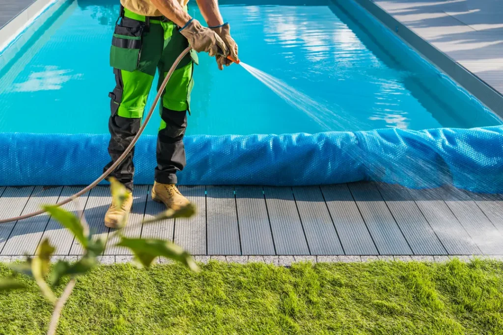 Worker pressure washing poolside